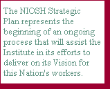 The NIOSH Strategic Plan represents the beginning of an ongoing process that will assist the Institute in its efforts to deliver on its Vision for this Nation's workers.