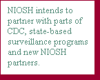  NIOSH intends to partner with parts of CDC, state-based surveillance programs, and new NIOSH partners. 