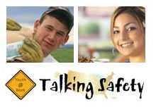 Image of a young man and a young woman text youth at work talking safety