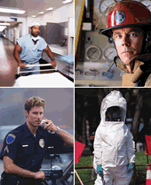 	healthcare worker, firefighter, policeman, and person in a hazmat suit