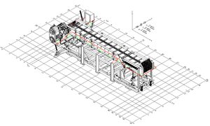 East side of flight conveyor. Note: The red line shows the location of the wire loop antenna along the east and south side of the conveyor. The green lines represent wooden support blocks