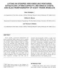 Image of publication Lifting in Stooped and Kneeling Postures:  Effects on Lifting Capacity, Metabolic Cost, and Electromyography of Eight Trunk Muscles