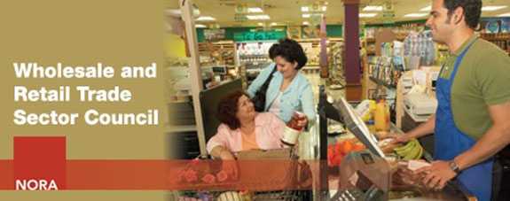 NORA Wholesale and Retail Trade Sector Council banner - grocery store setting with 2 women and man