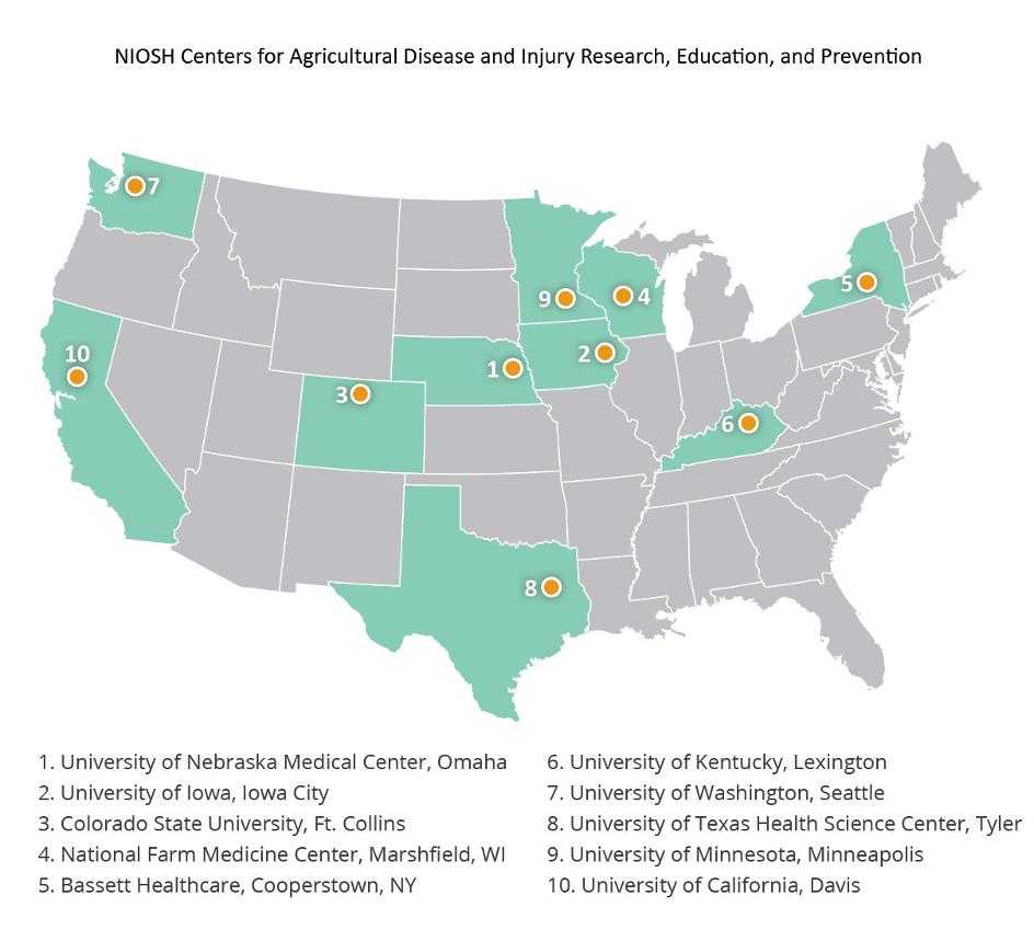 NIOSH Agricultural Centers Map. The information displayed on this map is contained in the table below.
