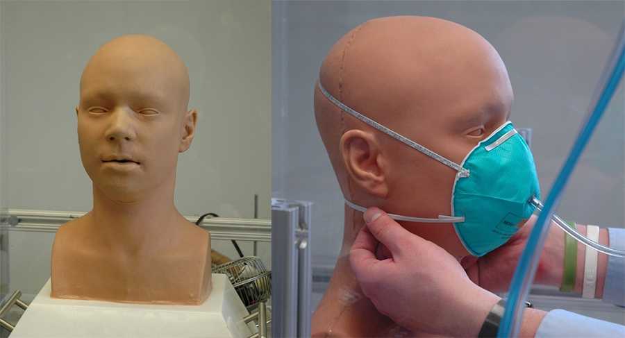 a silicone headform mold shown with a securely-fit respirator