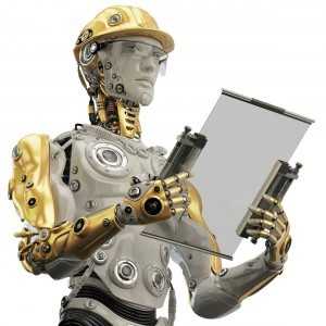 a humanoid robot, wearing a hard hat and holding construction plans.