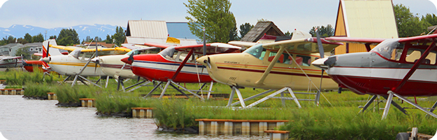 	Floatplanes in their slips at Lake Hood in Anchorage, AK.