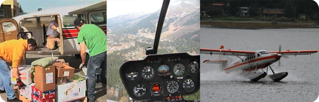 	Scenes showing common uses of aviation in Alaska; workers load a Cessna 207, view from a Robinson R44 helicopter and a De Havilland DHC-3 landing in Juneau.