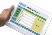 	A tablet computer displays a mock template for a partial patient medical record including the patient’s work information.