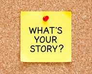 	Stickie note, Whats Your Story?, pinned to bulletin board