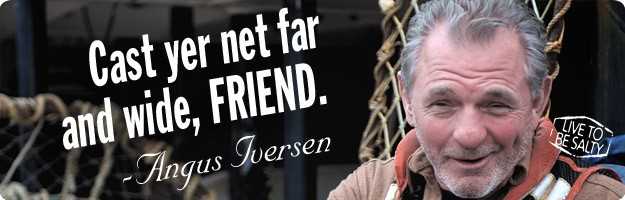 A graphic banner featuring the spokesman of the Live to be Salty man overboard safety initiative with the quote “Cast yer net far and wide, friend.”