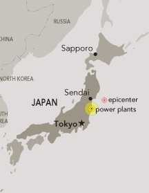	Map of Japan locating the Fukushima Daiichi Power Plant at the center of 10, 30, and 80 kilometer evacuation zones.