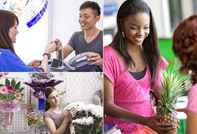 	Three picture grouping: A young man, who is a cashier, returns a customer’s credit card at the checkout counter of a jewelry store. Female florist. Two young women stand at a cosmetology store checkout register.