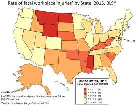 In 2015, the U.S. rate was 3.4. The fatal workplace injury rates varied by state from 1.2 to 12.5 workers. Mississippi (6.8), Montana (7.5), Wyoming (12.0), and North Dakota (12.5) had the highest rates of deaths due to workplace injuries