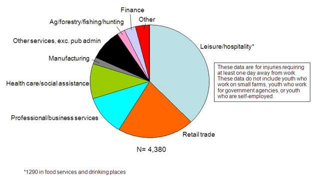 The pie chart shows employer-reported work-related injuries and illnesses among youth that required at least a day away from work by industry sector in 2009. The industry sector with the largest numbers of injured youth was the leisure and hospitality sector, accounting for 38% of reported injuries and illnesses among youth, with most of the injuries and illnesses in food services and drinking places. The retail trade sector had the second highest frequency with 21% of reported injuries and illnesses among youth.