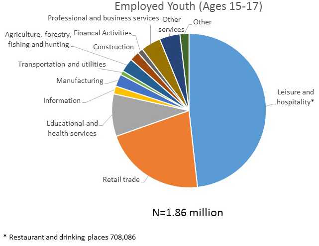 This pie chart shows the distribution of employed youth ages  15-17 years by industry sector in 2015. The industry sector with the largest numbers of employed youth was the leisure and  hospitality sector, accounting for 48% of all youth employment, mostly in restaurants and other food services. This was followed by the retail trade sector with 21% of youth employment, then the educational and health services sector with 9% of youth employment.