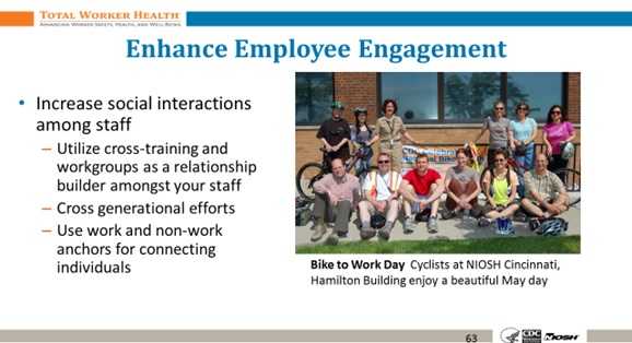 Slide from the Healthier Supervision training focusing on enhancing employee engagement through social interactions among workers.