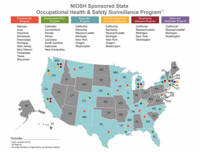	NIOSH Sponsored State Occupational Health and Safety Surveillance Program, Map of United States locations