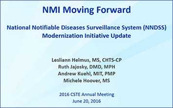 Presentation title slide: Moving Forward with National Notifiable Diseases Surveillance System (NNDSS) Modernization Initiative (NMI) 