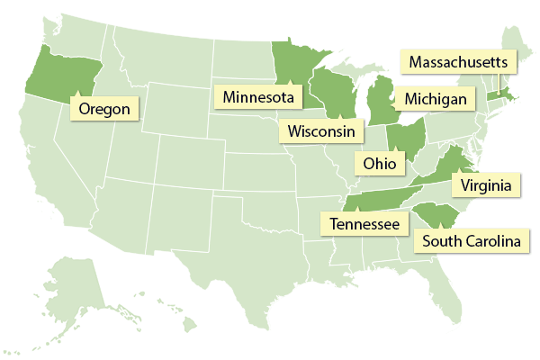 State Health Departments Participating in NoroSTAT: Massachusetts, Michigan, Minnesota, Ohio, Oregon, South Carolina, Tennessee, Virginia, and Wisconsin