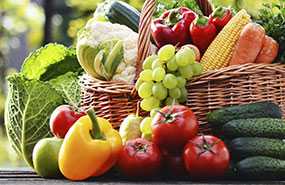 	A basket of fresh fruits and vegetables