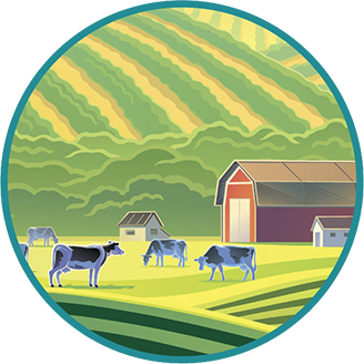 Vector image of cows on a farm.