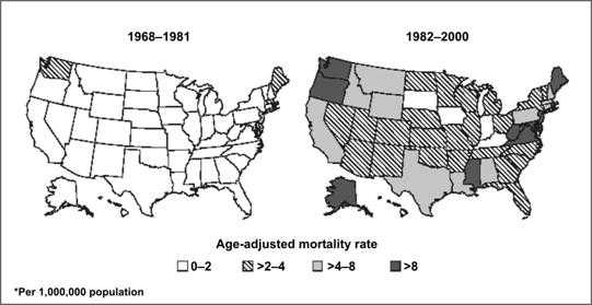 Two shaded maps show mortality rate for asbestosis over time.