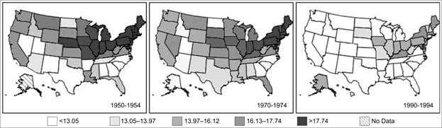 Area maps in chronological order show a decrease in mortality rates by location over time.