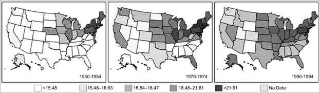 Area maps in chronological order show an increase in mortality rates by location over time.