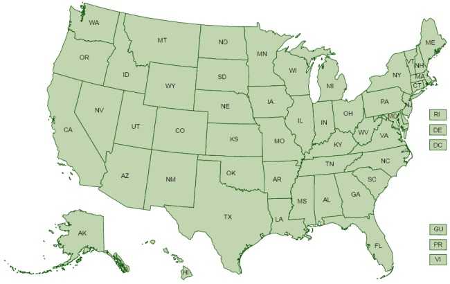 Map of the United States which includes Alaska, Hawaii as well as US territories Puerto Rico, Guam and US Virgin Islands