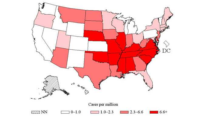 Map of the U.S. showing Spotted Fever Rickettsiosis Incidence, 2014.