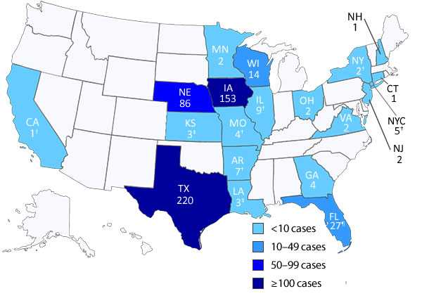Cyclosporiasis cases notified to CDC, by state. Current as of 8/14/13.