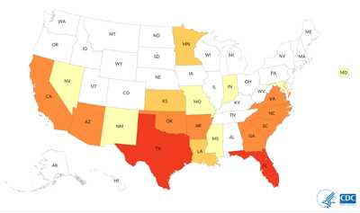 Number of case reports of PAM by state of exposure, United States, 1962-2016.