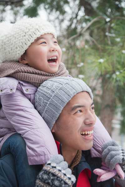 Girl laughing while sitting on dad's shoulders in winter