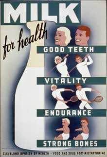 Poster showing a bottle of milk and people of good health and fitness. Text reads "Milk for health. Good teeth, vitality, endurance, strong bones"