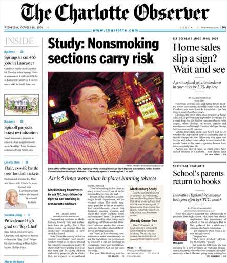 Front page of the Charlotte Observer newspaper, with a large headline near the top center of the page that reads, “Study: Nonsmoking sections carry risk.” There is a photograph of a man lighting a cigarette. A subheading reads, “Air is 5 times worse than in places banning tobacco.”