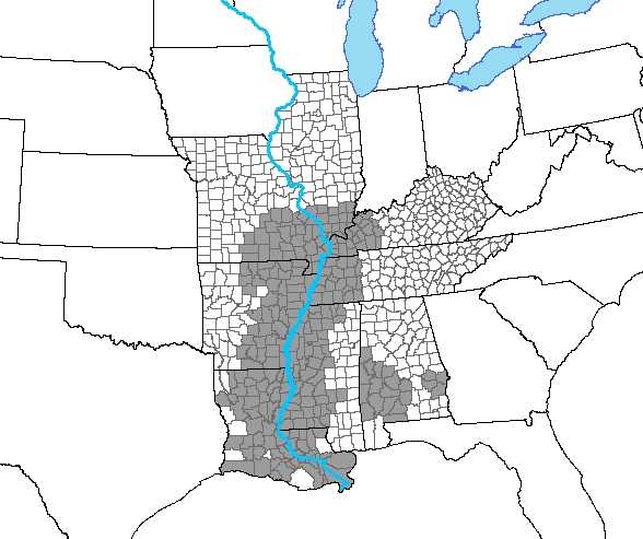 	Delta counties (shaded [n = 252]) and non-Delta counties (n = 468) in the 8 states (Alabama, Arkansas, Illinois, Kentucky, Louisiana, Mississippi, Missouri, and Tennessee) that contain parts of the Mississippi River Delta Region.