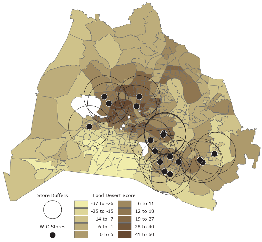 Location of 18 sampled WIC stores, by census-tract food desert score, Nashville/Davidson County, Tennessee. Each store is surrounded by a 3-mile-radial buffer. Food desert scores, ranging from −37 to 60, were grouped into 10 categories. The higher the score, the greater the likelihood of a food desert; a score of 20 or above indicates a food desert. The food desert score was created by summing 36 z scores of variables that measure distance to grocery store, distance to bus stops, social characteristics and poverty, race/ethnicity, chronic disease prevalence, and access to transportation (23). Food desert scores cannot be computed for census tracts that have no residential parcels; these tracts are shown in white.