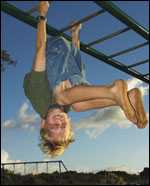 Boy upside down on monkey bars
