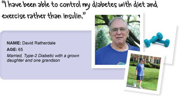 Name: David Ratherdale, Age: 65, Height: 6 feet 2 inches, Married, Type-2 Diabetic with a grown daughter and one grandson. I have been able to control my diabetes with diet and exercise rather than insulin.