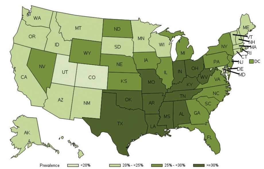 	Self-reported prevalence of inactivity among adults 50 years and older by state. Behavioral Risk Factor Surveillance System, 2014. Alabama 32.3, Alaska 22.9, Arizona 24.3, Arkansas 38.8, California 24.4, Colorado 17.9, Connecticut 24.4, Delaware 28.7, District of Columbia 25.7, Florida 26.5, Georgia	28.7, Hawaii 23.5, Idaho 21.2, Illinois 27.7, Indiana 30.6, Iowa 28.7, Kansas 29.8, Kentucky 34.8, Louisiana 34.0, Maine 23.9, Maryland 24.9, Massachusetts 23.5, Michigan 29.4, Minnesota 23.8, Mississippi 35.6, Missouri 31.1, Montana 24.1, Nebraska 25.5, Nevada 27.9, New Hampshire 23.2, New Jersey 25.9, New Mexico 24.8, New York 28.5, North Carolina 27.7, North Dakota 27.3, Ohio 30.2, Oklahoma 34.8, Oregon 20.2, Pennsylvania 27.5, Rhode Island 25.6, South Carolina 29.4, South Dakota 24.4, Tennessee 33.3, Texas 31.4, Utah 19.9, Vermont 22.3, Virginia 28.4, Washington 20.0, West Virginia 33.7, Wisconsin 24.1, Wyoming 26.3,  title=Self-reported prevalence of inactivity among adults 50 years and older by state. Behavioral Risk Factor Surveillance System, 2014., Alabama 32.3, Alaska 22.9, Arizona 24.3, Arkansas 38.8, California 24.4, Colorado 17.9, Connecticut 24.4, Delaware 28.7, District of Columbia 25.7, Florida 26.5, Georgia 28.7, Hawaii 23.5, Idaho 21.2, Illinois 27.7, Indiana 30.6, Iowa 28.7, Kansas 29.8, Kentucky 34.8, Louisiana 34.0, Maine 23.9, Maryland 24.9, Massachusetts 23.5, Michigan 29.4, Minnesota 23.8, Mississippi 35.6, Missouri 31.1, Montana 24.1, Nebraska 25.5, Nevada 27.9, New Hampshire 23.2, New Jersey 25.9, New Mexico 24.8, New York 28.5, North Carolina 27.7, North Dakota 27.3, Ohio 30.2, Oklahoma 34.8, Oregon 20.2, Pennsylvania 27.5, Rhode Island 25.6, South Carolina 29.4, South Dakota 24.4, Tennessee 33.3, Texas 31.4, Utah 19.9, Vermont 22.3, Virginia 28.4, Washington 20.0, West Virginia 33.7, Wisconsin 24.1, Wyoming 26.3