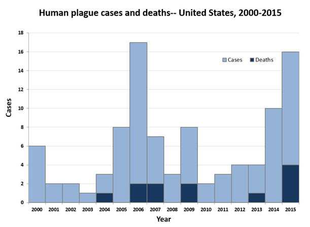 Graph showing human plague cases and deaths in the United States, 2000 to 2015.  There were 6 cases in 2000, 2 in 2001, 2 in 2002, 1 in 2003, 3 in 2004 with 1 death, 17 in 2006 with 2 deaths, 7 in 2007 with 2 deaths, 3 in 2008, 8 in 2009 with 2 deaths, 2 in 2010, 3 in 2011, 4 in 2012, 4 in 2013 with 1 death, and 10 in 2014.