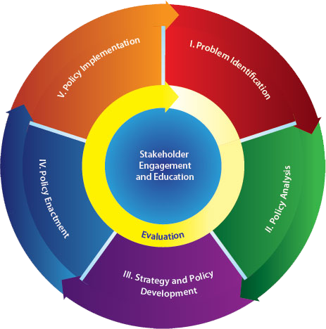 	CDC’s Policy Process consists of the following domains: problem identification, policy analysis, strategy and policy development, policy enactment.  The process also has two overarching domains that should be considered throughout the policy cycle: stakeholder engagement and education and evaluation.