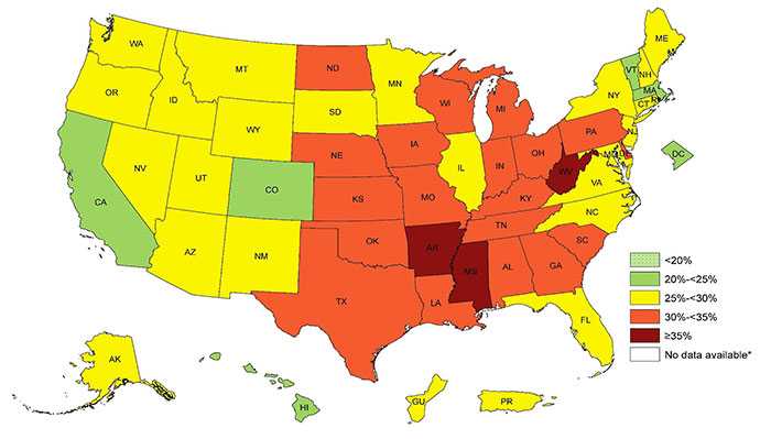 	Prevalence of Self-Reported Obesity among U.S. Adults by State and Territory