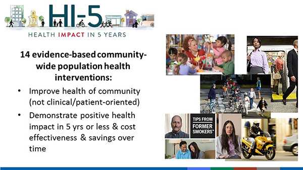 	14 evidence-based community-wide population health interventions: Improve health of community (not clinical/patient-oriented) and Demonstrate positive health impact in 5 years or less and cost effectiveness and savings over time.
