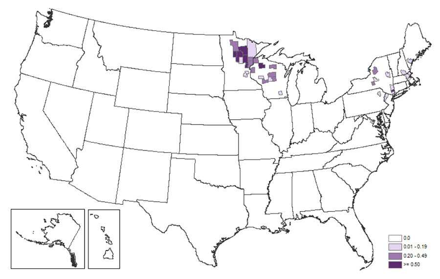 Map of the continental United States showing Powassan virus neuroinvasive disease average annual incidence by county, 2006–2015