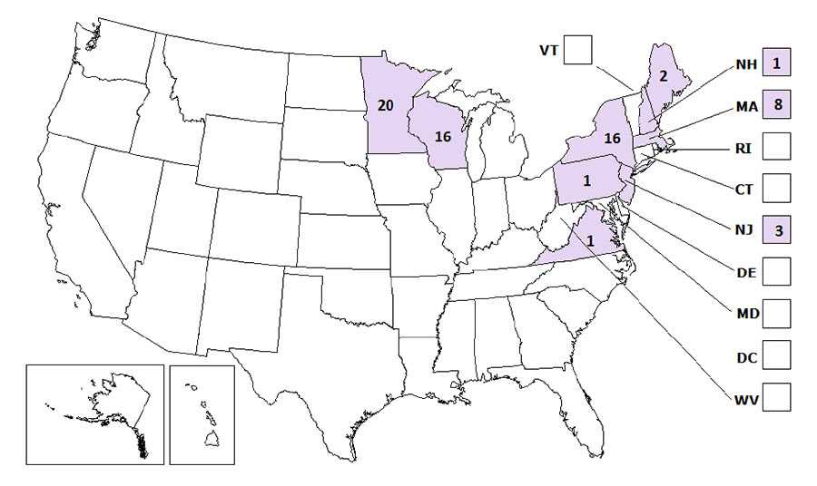 Map of the United States showing From 2006 through 2015, POWV neuroinvasive disease cases have been reported in Maine (2), Massachusetts (8), Michigan (1), Minnesota (20), New Hampshire (1), New Jersey (3), New York (16), Pennsylvania (1), Virginia (1), and Wisconsin (16).