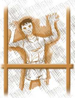 Illustration of a young boy holding onto the mesh of a porch door, looking out