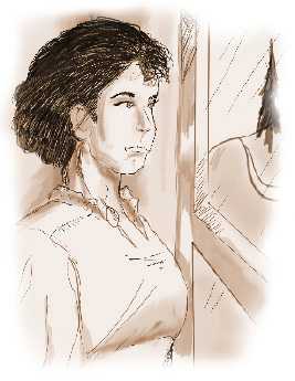 Illustration of a young woman looking out an open window