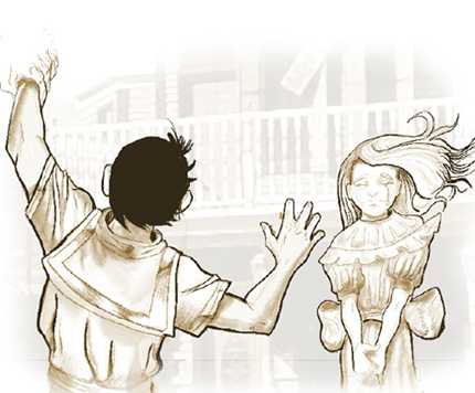 Illustration of boy waving goodbye as a girl cries in the background